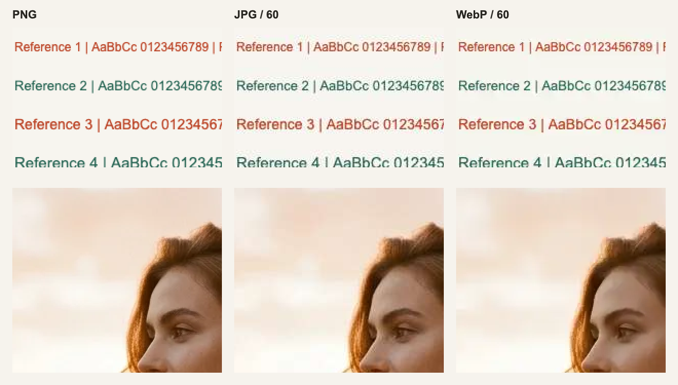 PNG、JPG 与 WebP 的局部画质对照